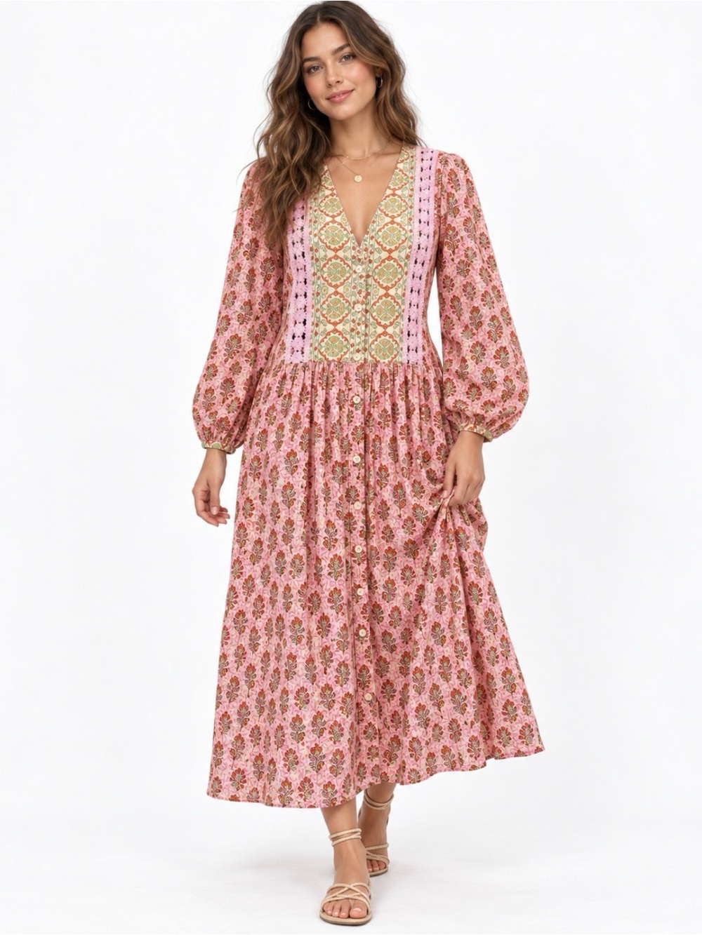 Zara Pink Floral Crochet-Trim Midi Dress